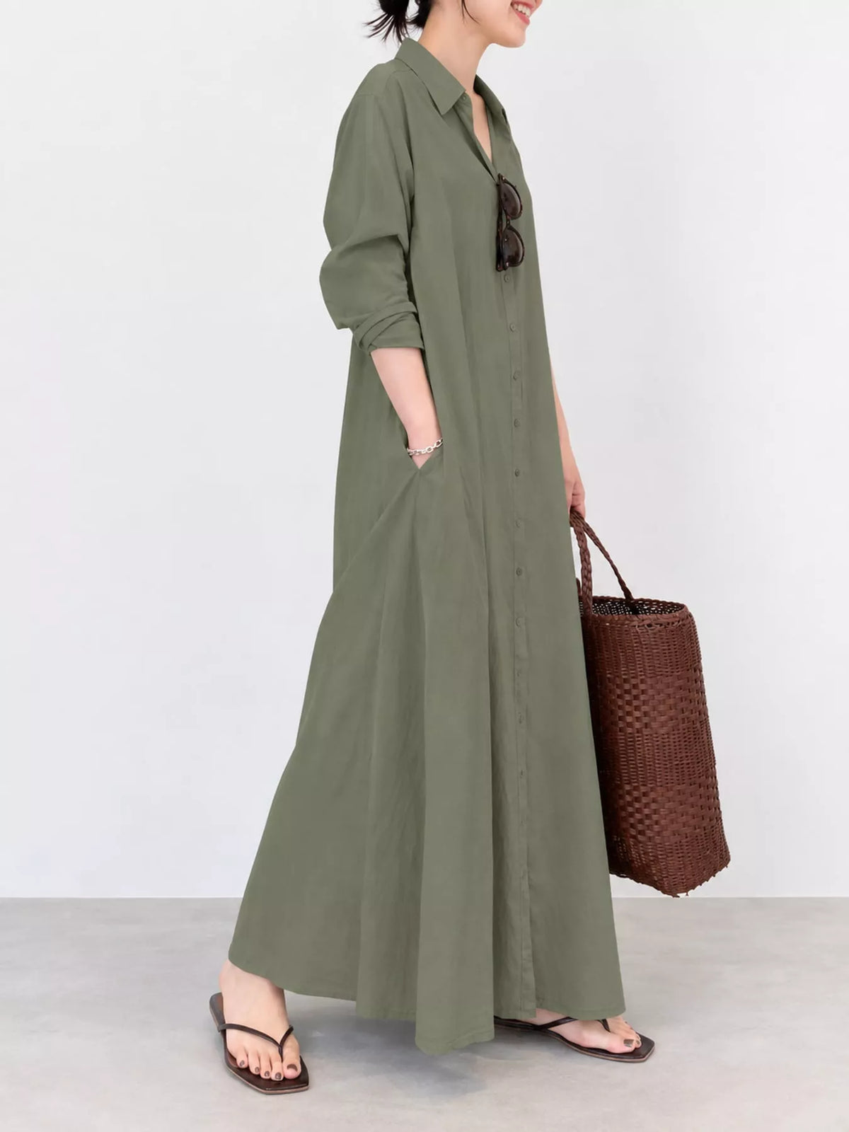 Olive green button-front maxi shirt dress, collared neckline and long sleeves