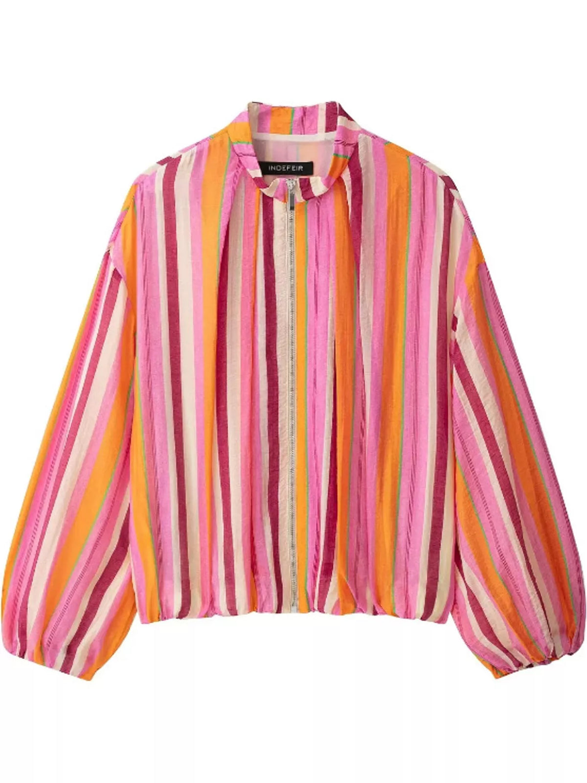 Pink striped zip-up lightweight jacket, elastic hem, long balloon sleeves