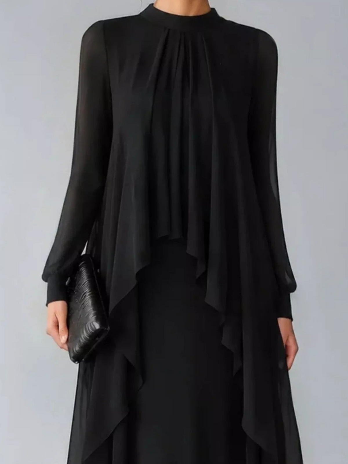 Black maxi dress with sheer sleeves and draped chiffon front overlay