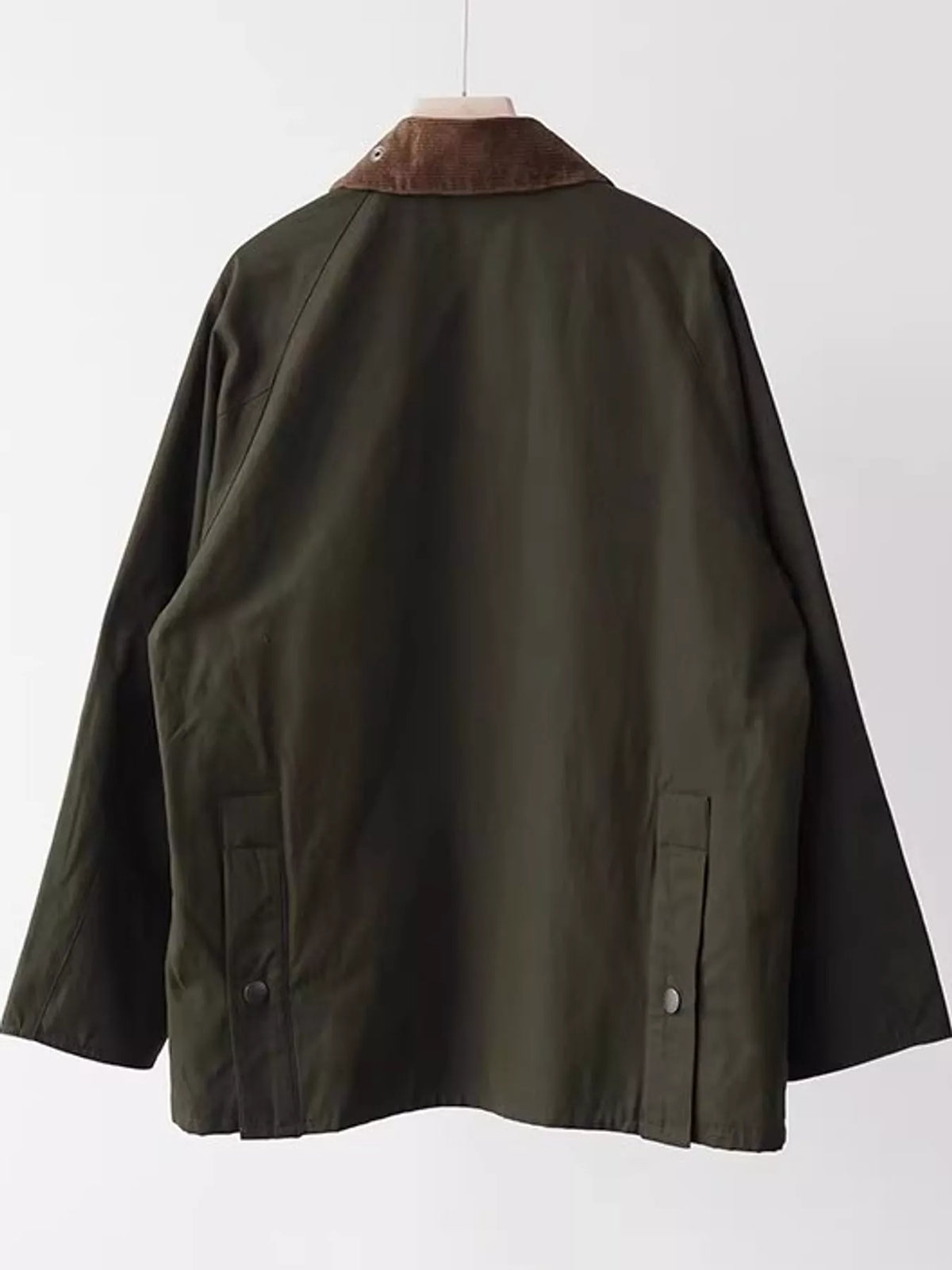 Sage green zip-up jacket back view with brown corduroy-trimmed collar