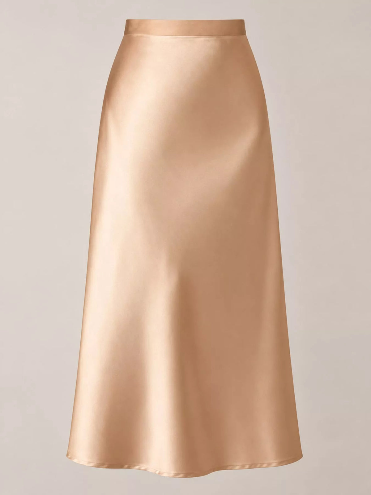 High-waisted satin midi skirt in nude beige, smooth drape and straight hem