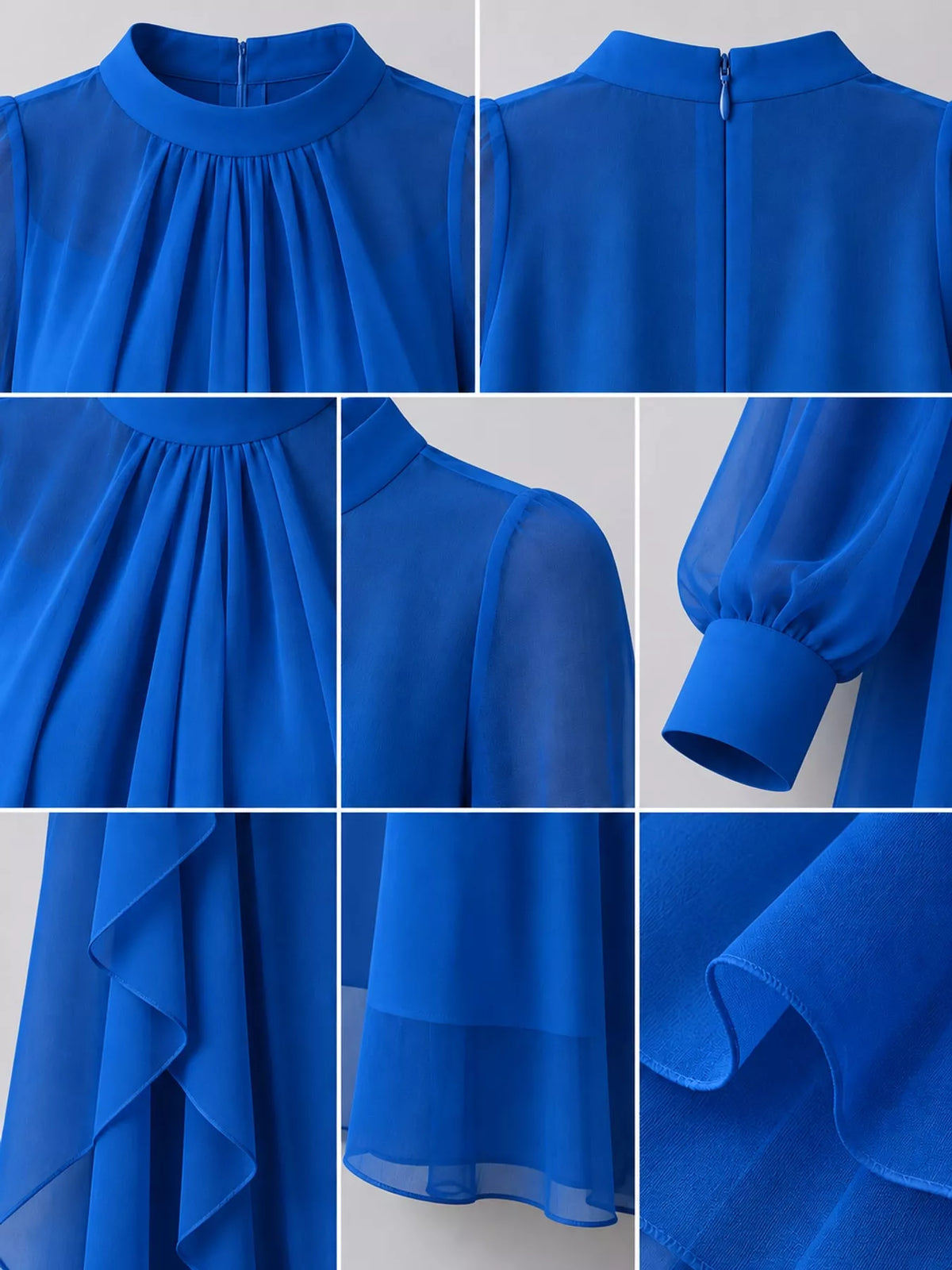 Blue chiffon dress details: gathered high neck, back zipper, sheer sleeves, and layered hem