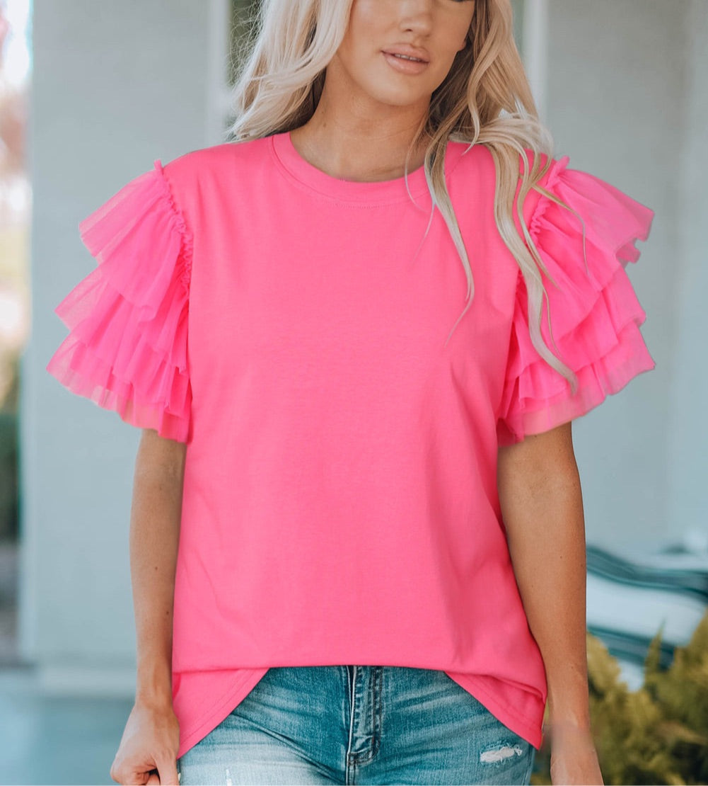 Layered Mesh Sleeve Round Neck Tee