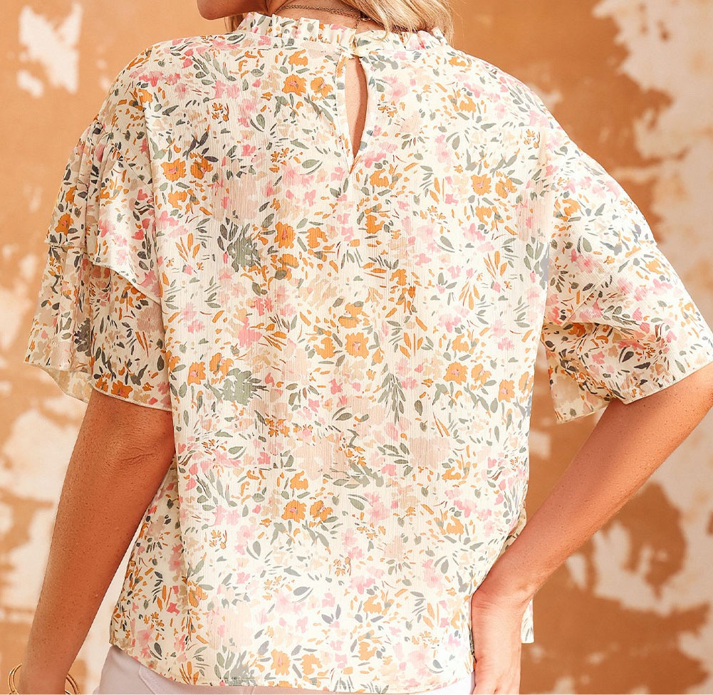 Floral Round Neck Short Sleeve Blouse