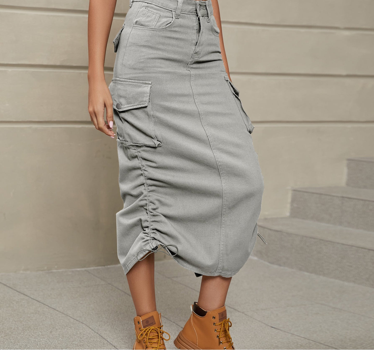 Drawstring Ruched Slit Denim Midi Skirt