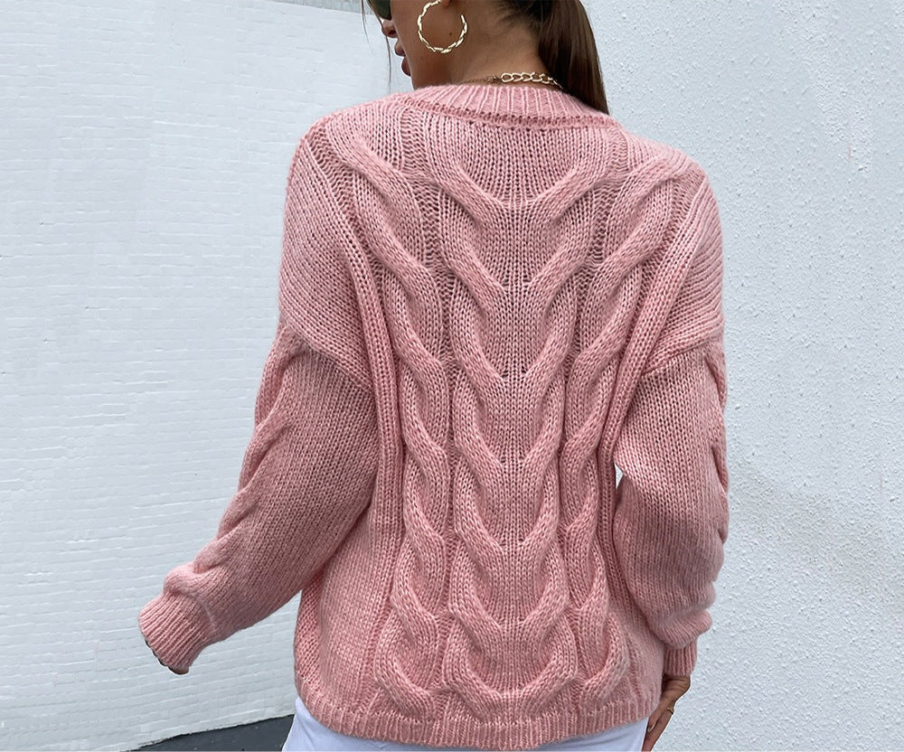 Cable-Knit Round Neck Long Sleeve Sweater