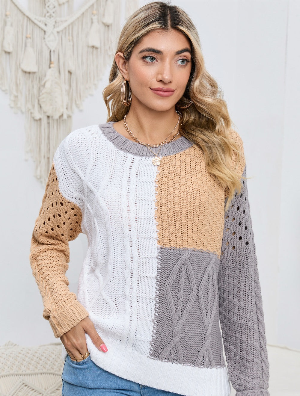 Cable-Knit Openwork Round Neck Color Block Sweater