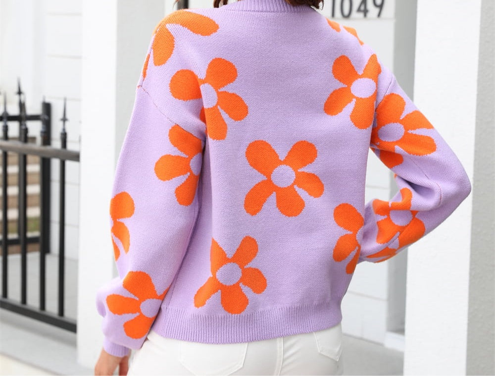 Floral Print Round Neck Dropped Shoulder Pullover Sweater