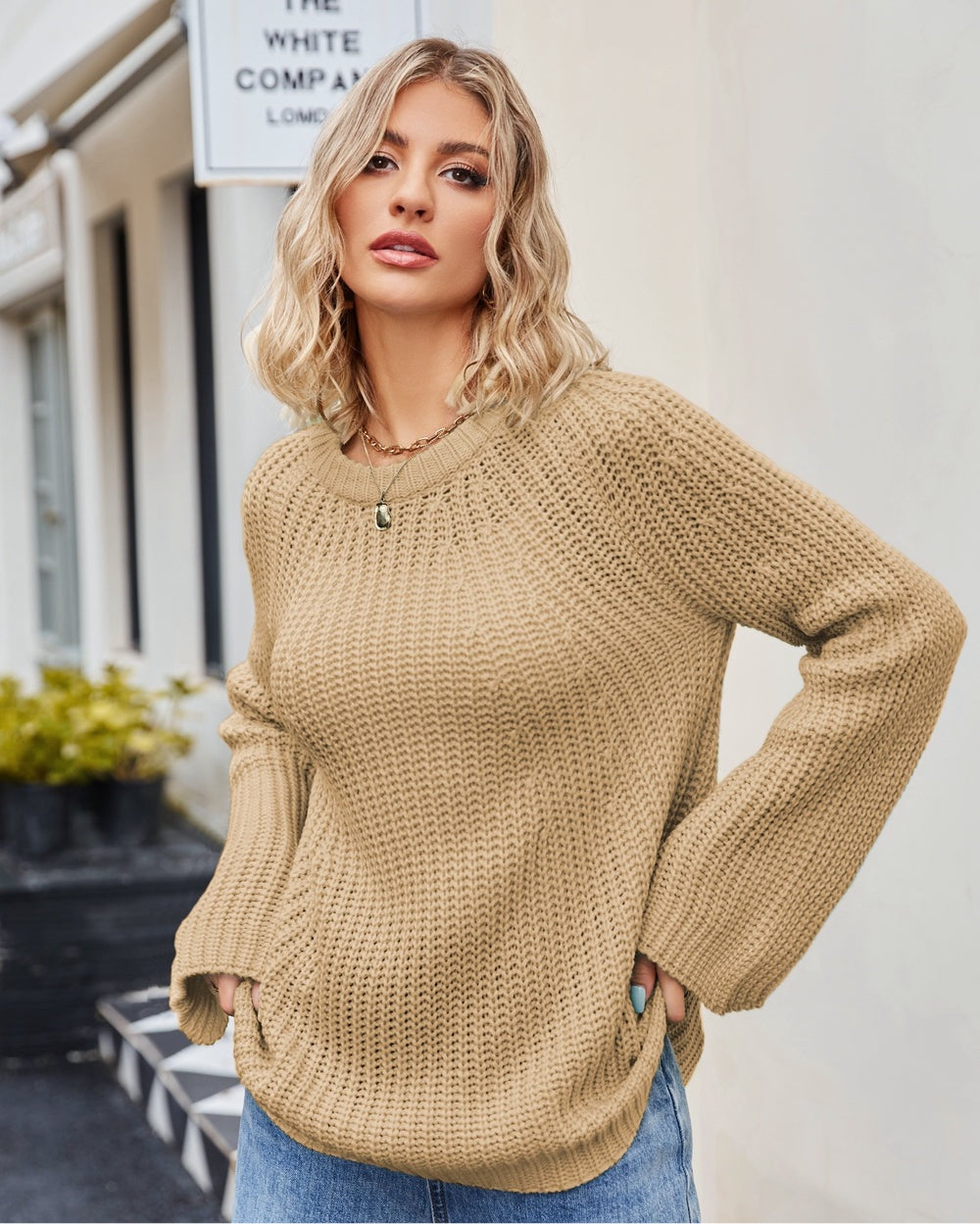 Raglan Sleeve Waffle Knit Sweater