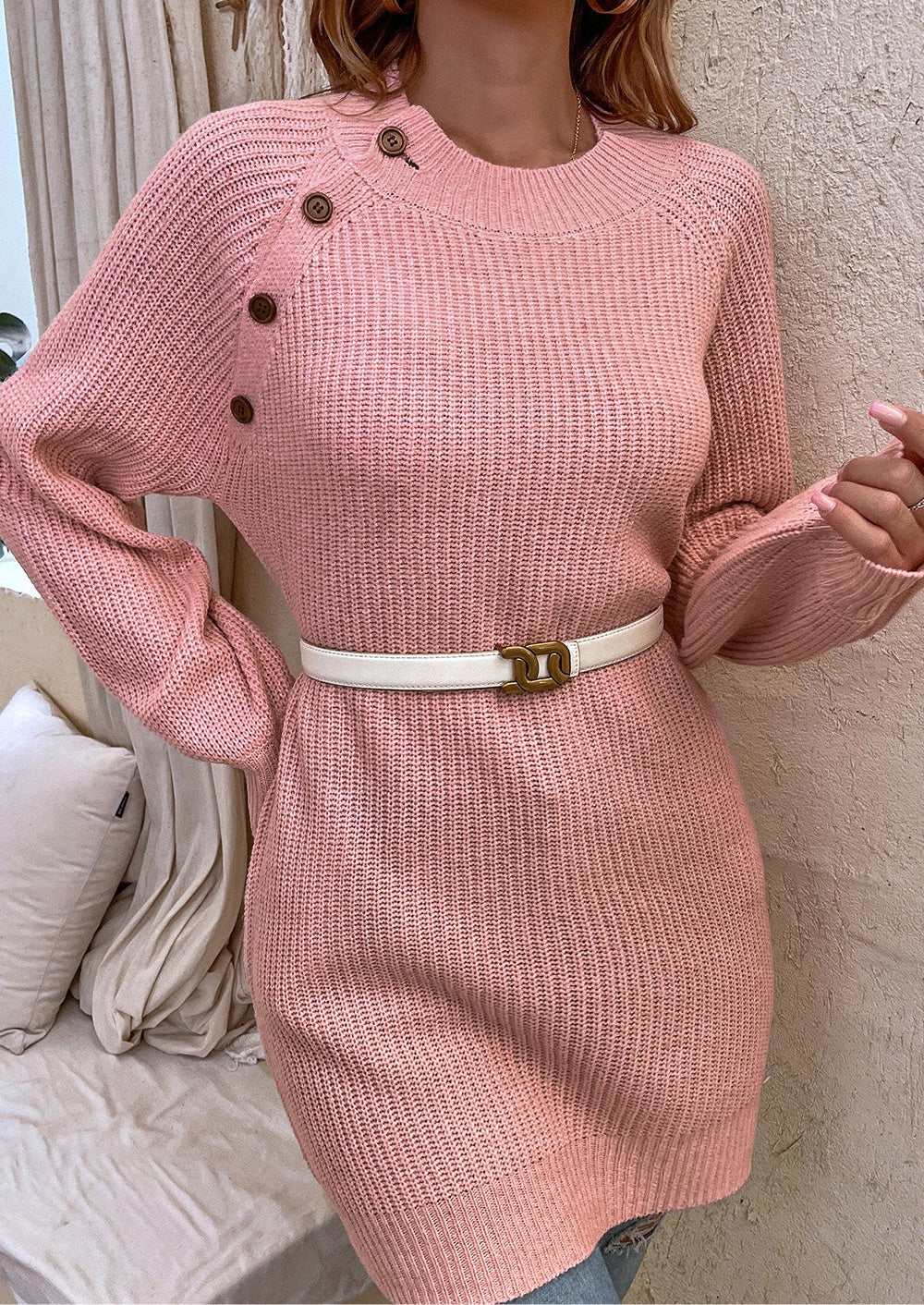 Round Neck Button Detail Ribbed Sweater