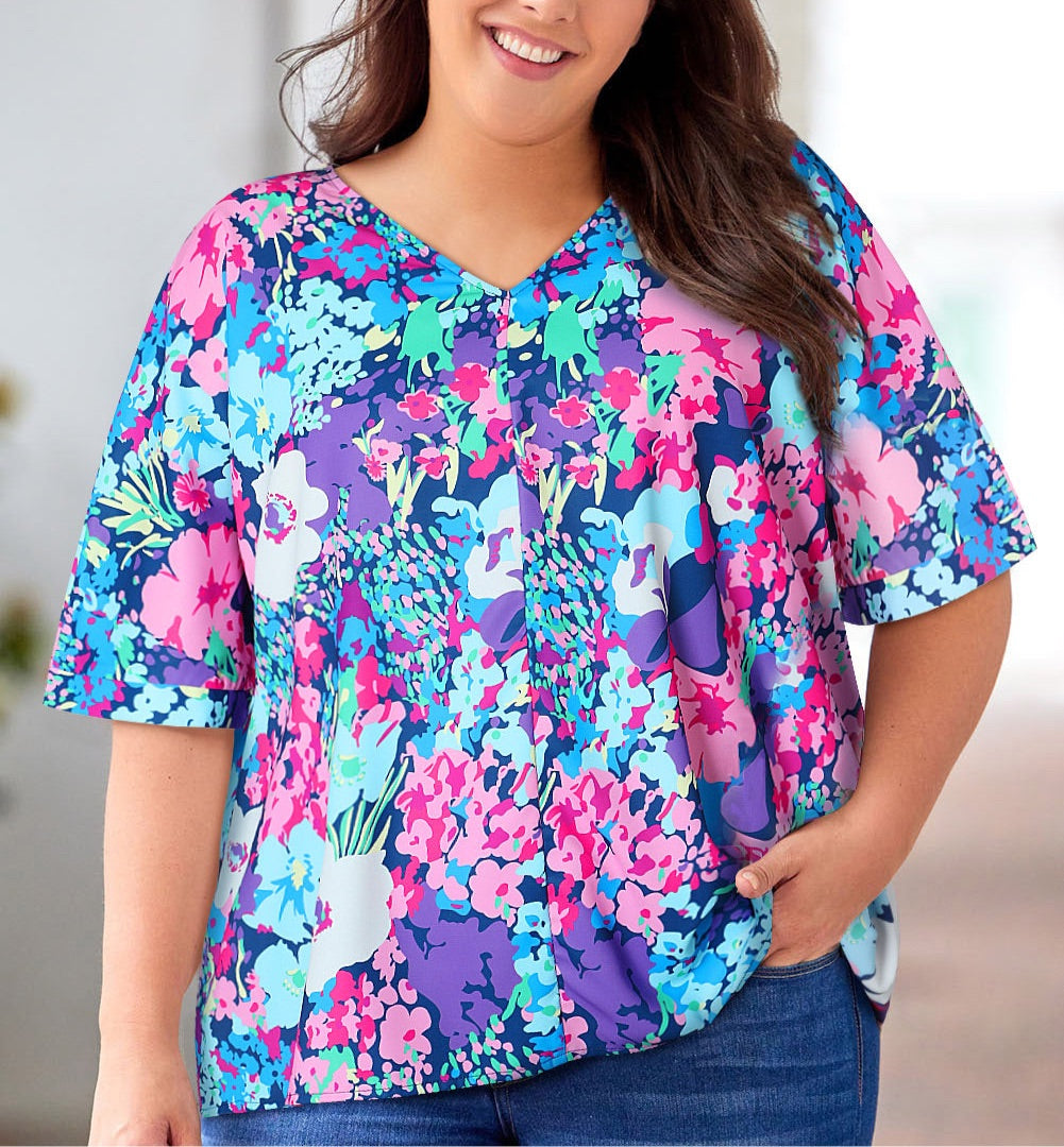 Floral Center Seam V-Neck Blouse