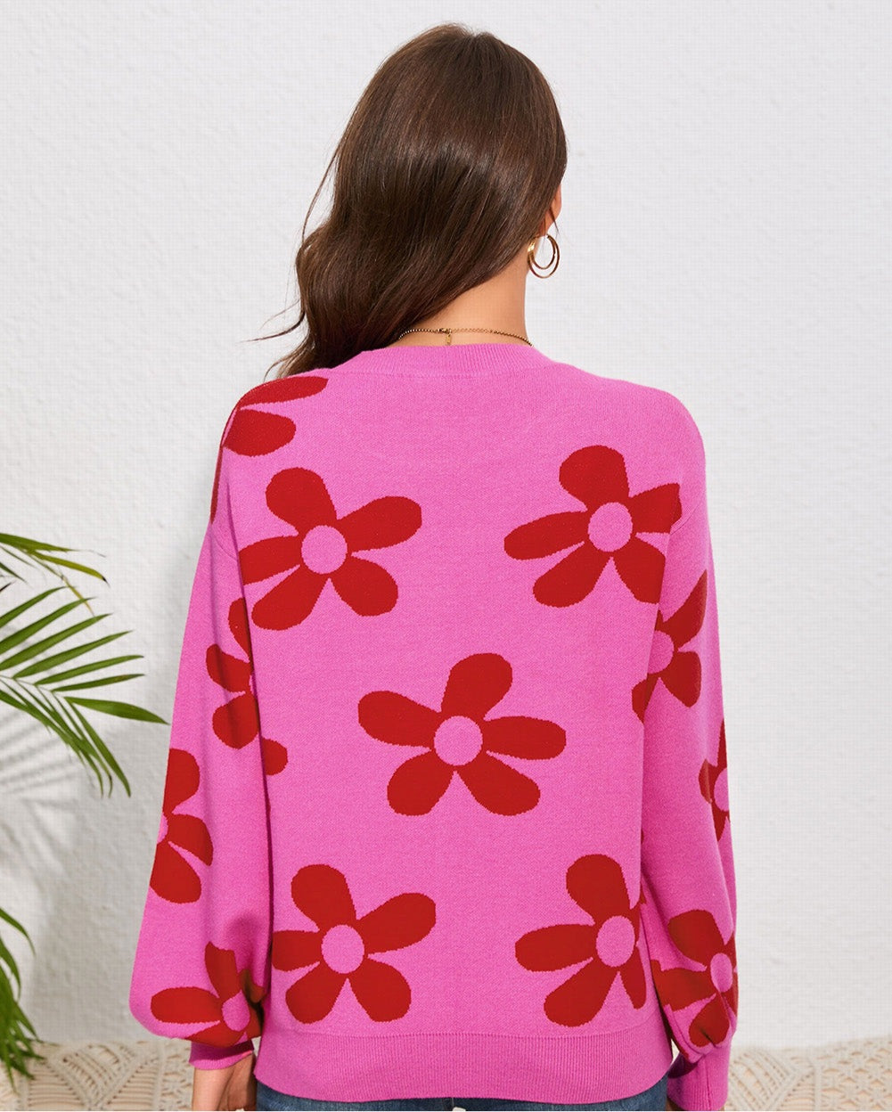 Floral Print Round Neck Dropped Shoulder Sweater