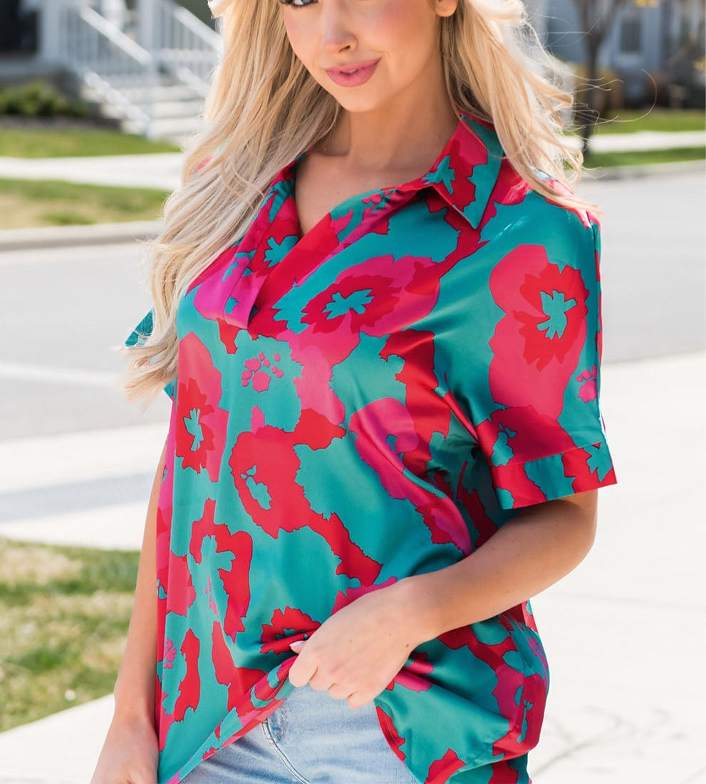 Printed Johnny Collar Short Sleeve Top