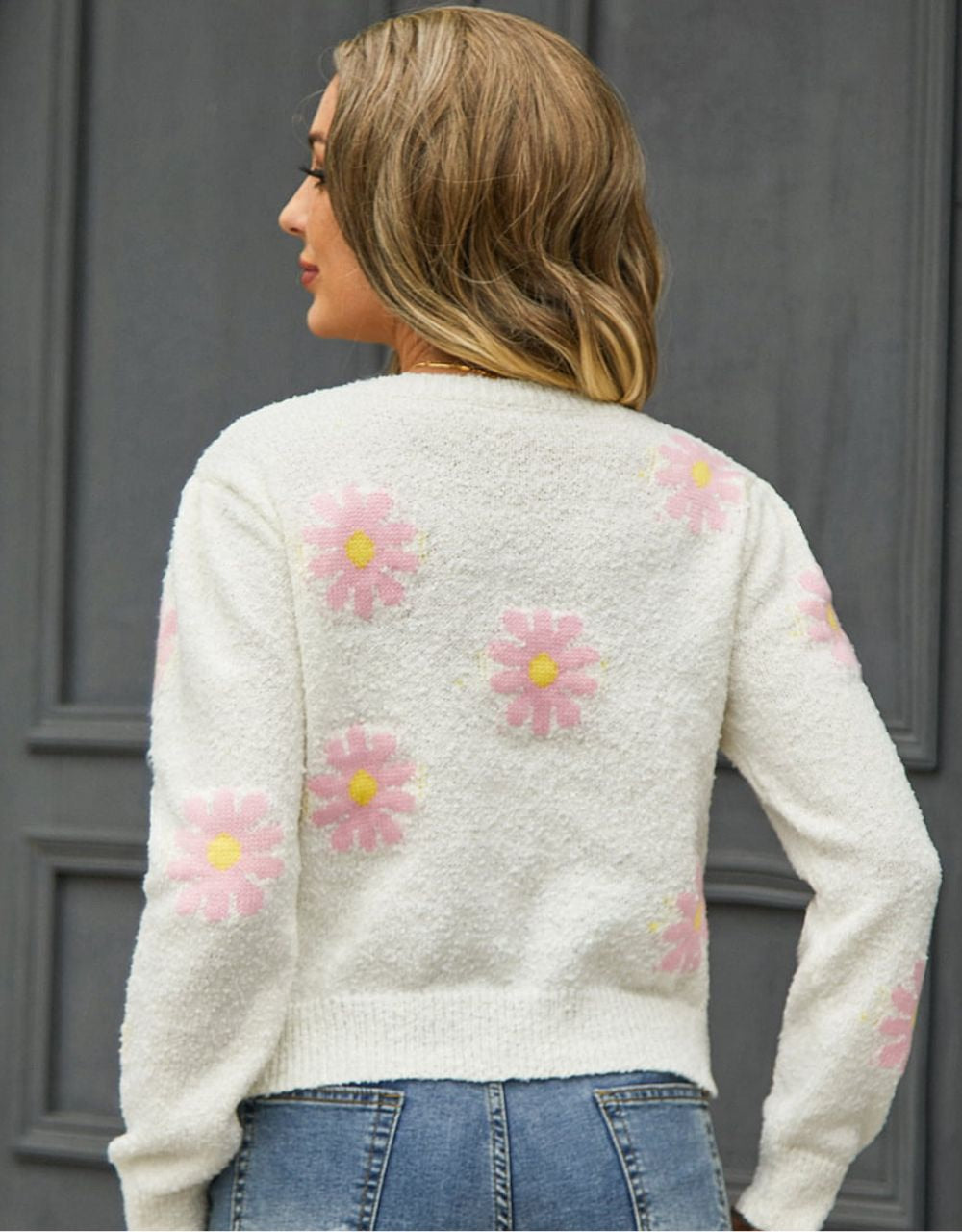 Flower Pattern Round Neck Short Sleeve Pullover Sweater