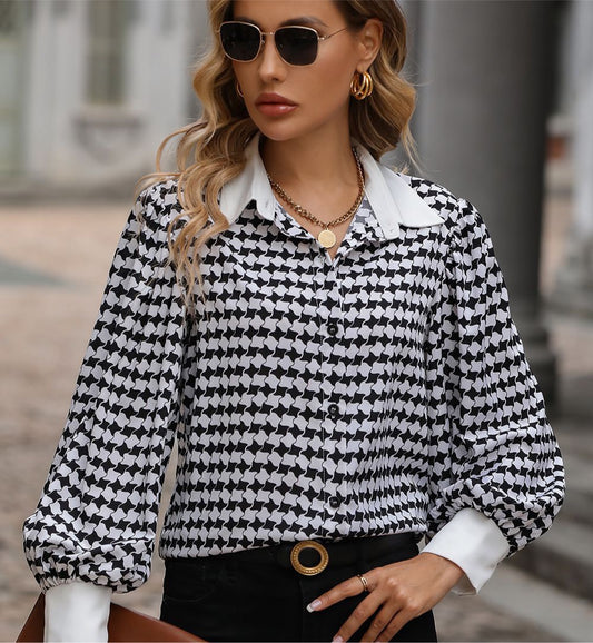 Printed Collared Neck Lantern Sleeve Shirt