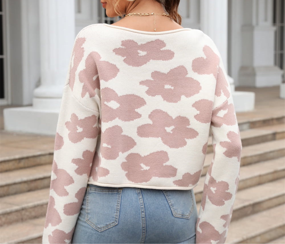 Round Neck Flower Pattern Dropped Shoulder Pullover Sweater