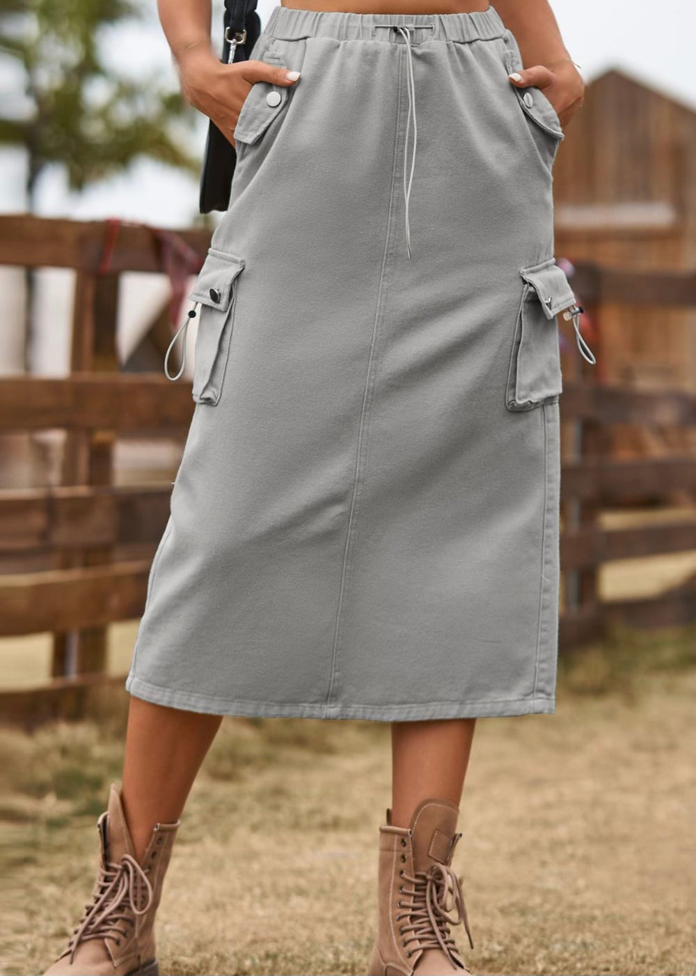 Drawstring Waist Slit Denim Skirt