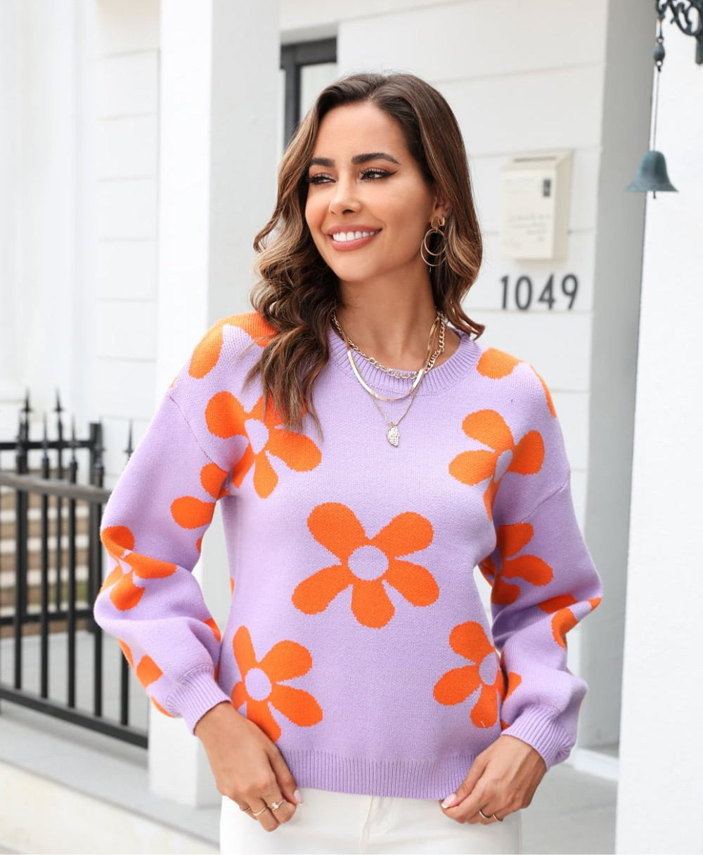 Floral Print Round Neck Dropped Shoulder Pullover Sweater