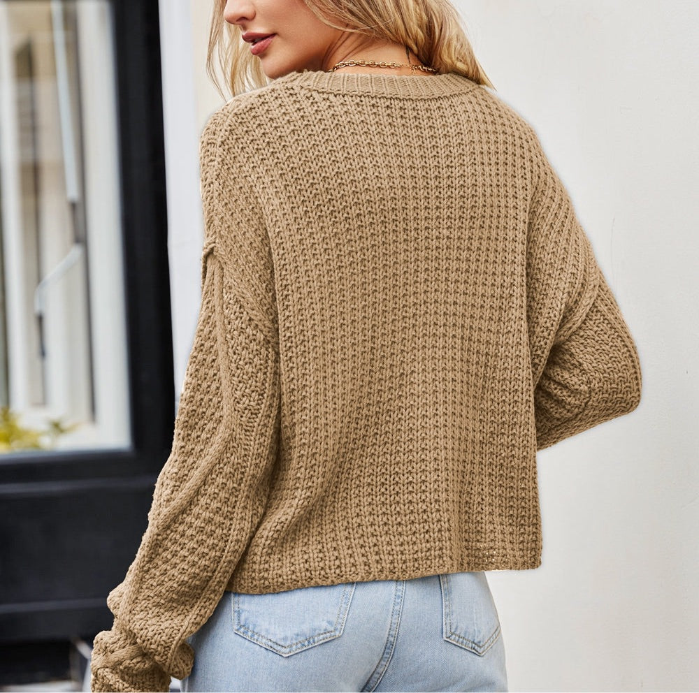 Cable-Knit Round Neck Dropped Shoulder Sweater