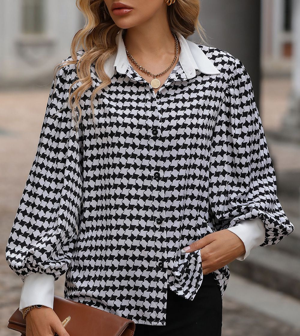 Printed Collared Neck Lantern Sleeve Shirt