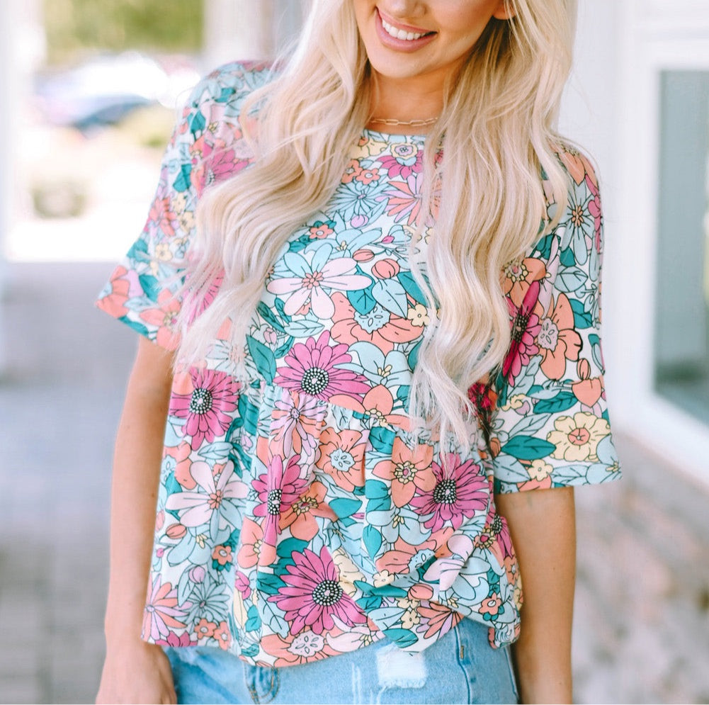 Floral Round Neck Babydoll Top