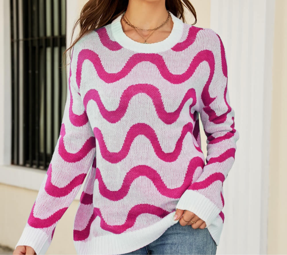 Wave Stripe Ribbed Trim Tunic Sweater