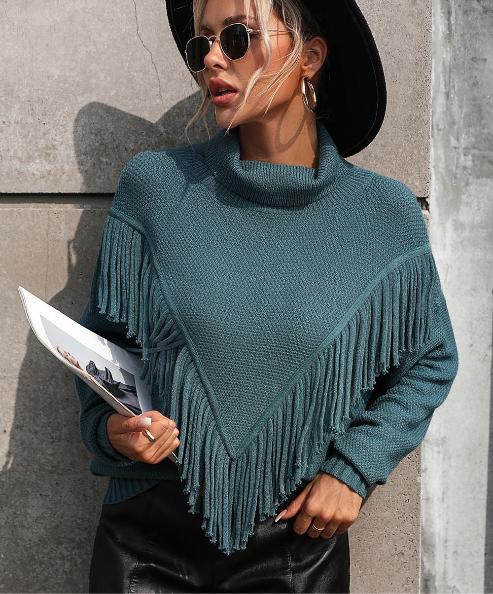 Turtle Neck Tassel Front Long Sleeve Pullover Sweater