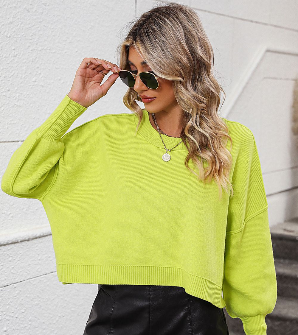 Round Neck Dropped Shoulder Pullover Sweater