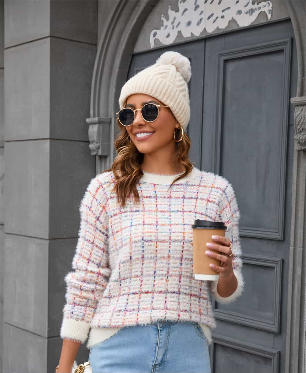 Plaid Round Neck Long Sleeve Pullover Sweater