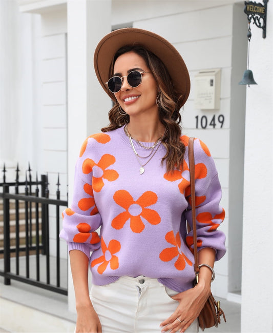 Floral Print Round Neck Dropped Shoulder Pullover Sweater