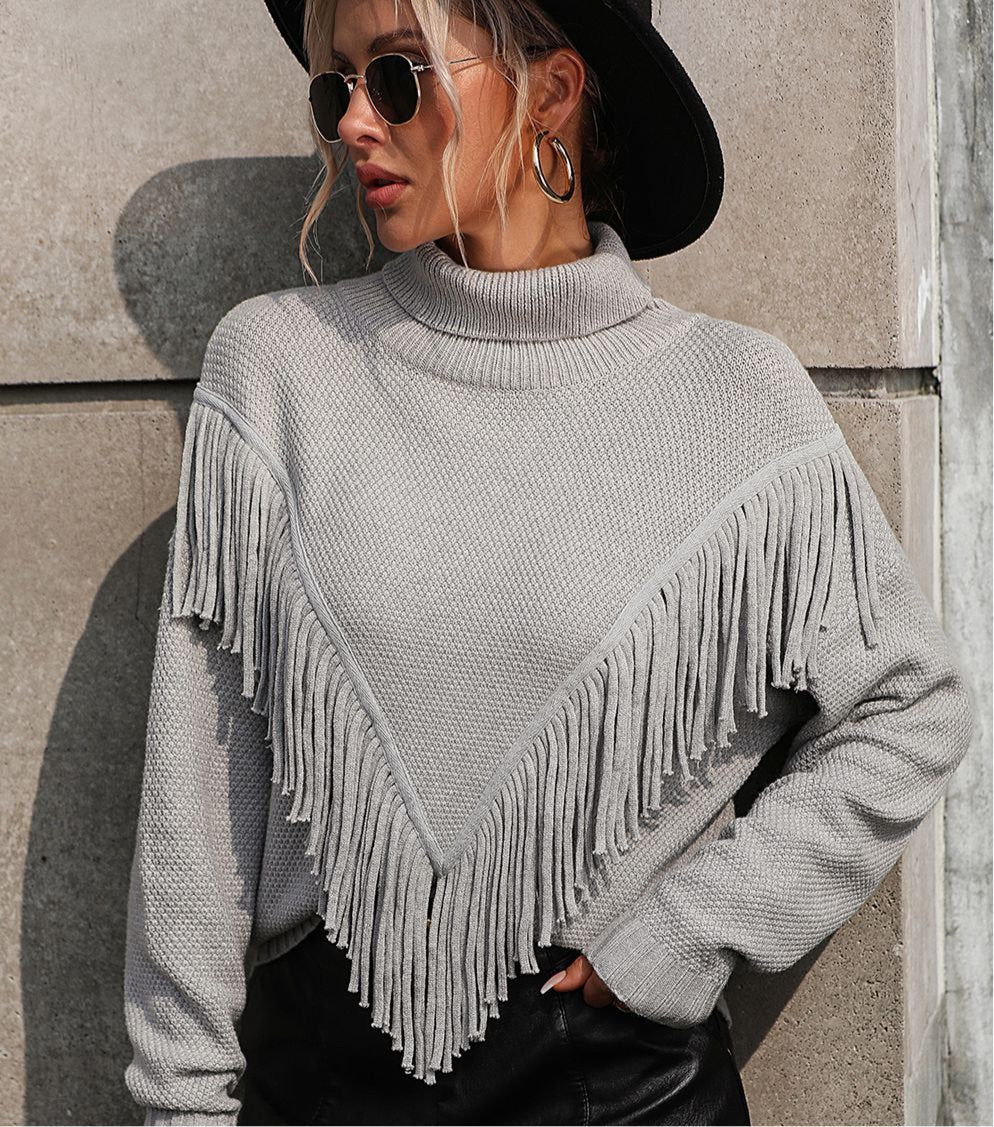 Turtle Neck Tassel Front Long Sleeve Pullover Sweater