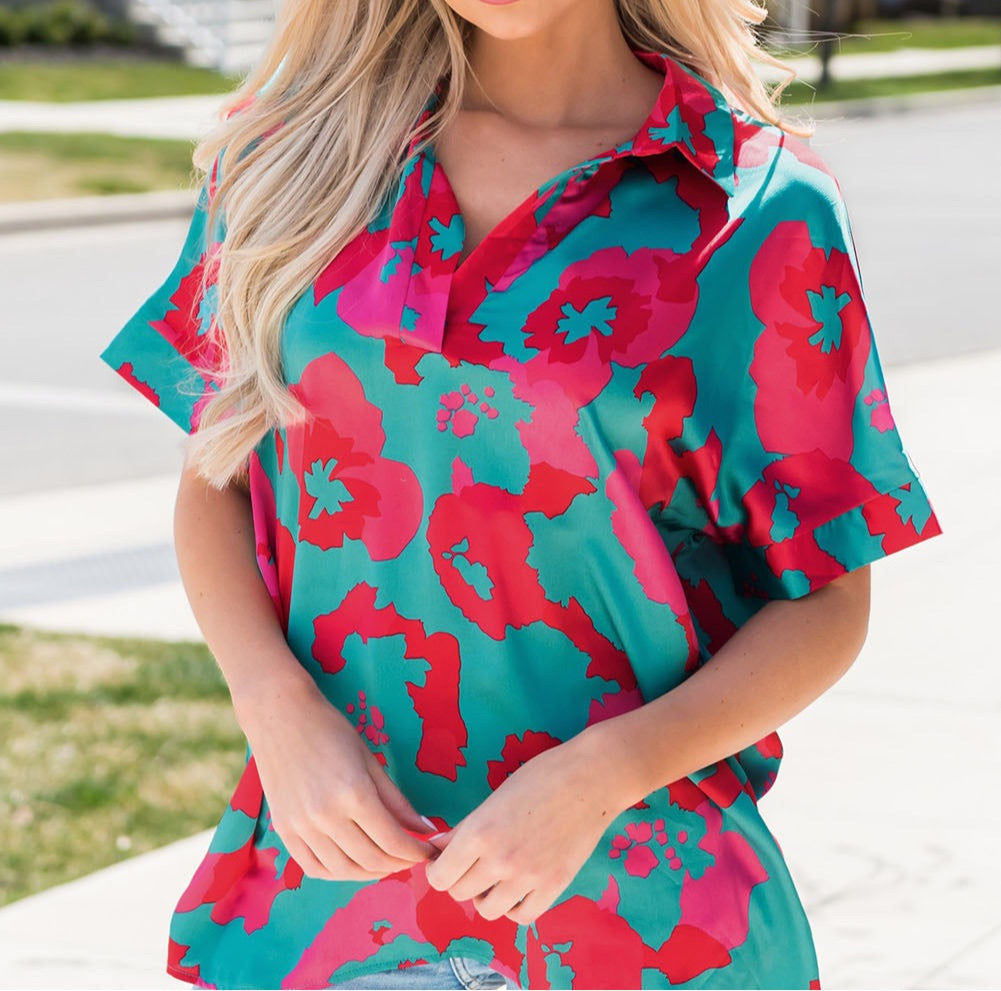 Printed Johnny Collar Short Sleeve Top