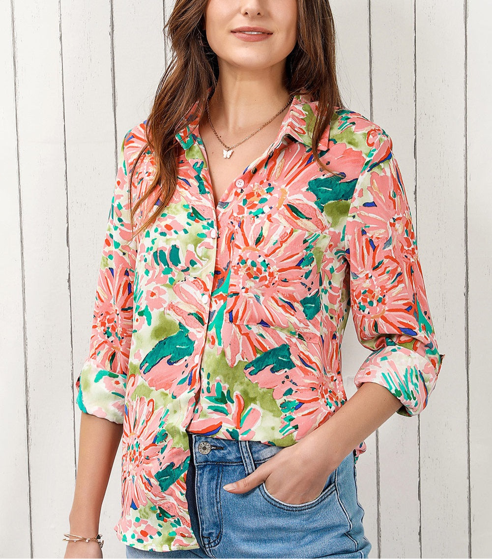 Floral Long Sleeve Collared Shirt