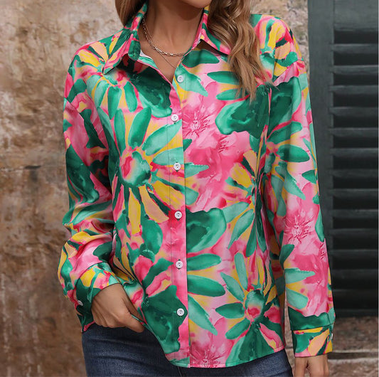 Floral Print Collared Neck Long Sleeve Shirt