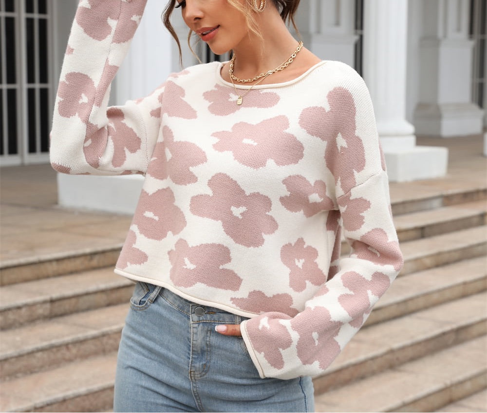 Round Neck Flower Pattern Dropped Shoulder Pullover Sweater