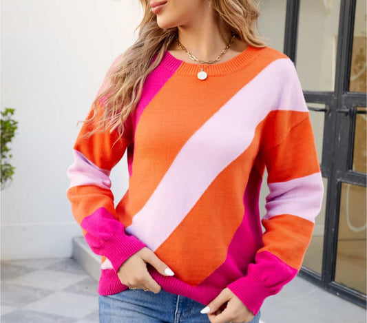 Color Block Ribbed Round Neck Sweater