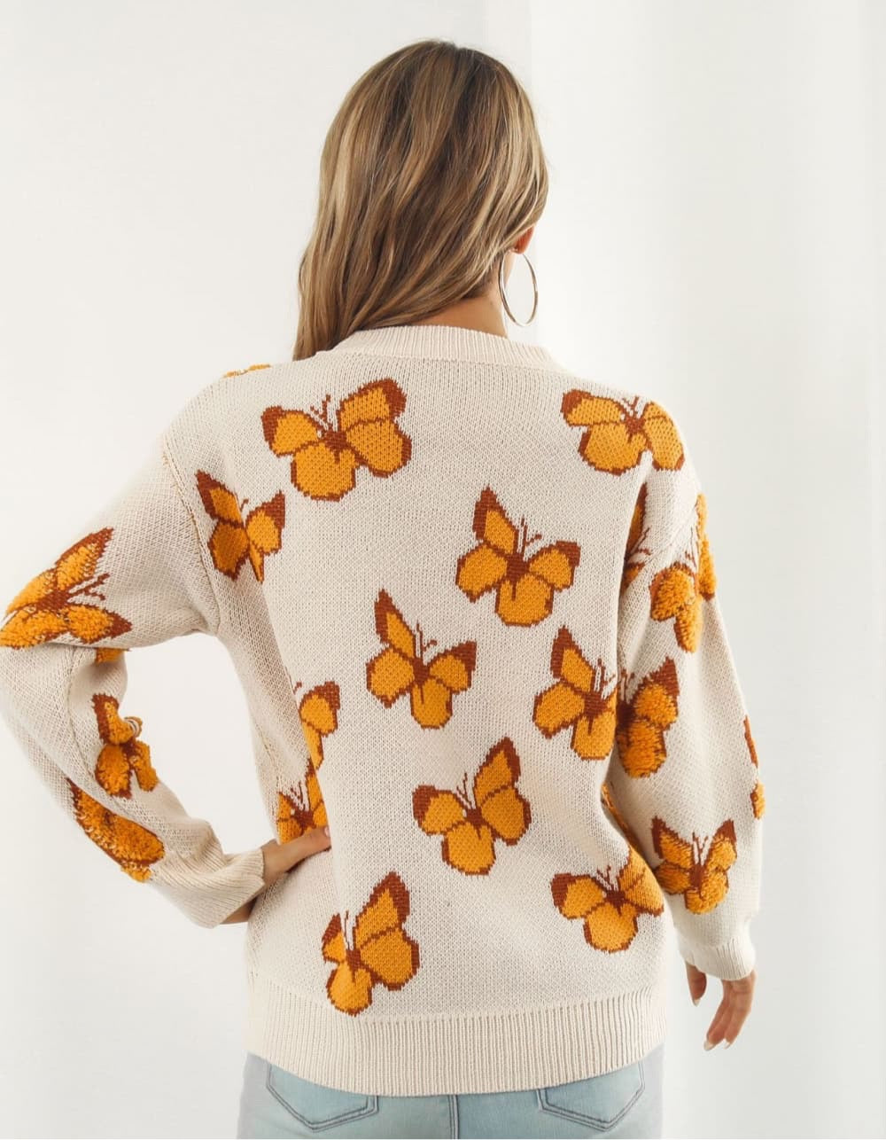 Butterfly Pattern Round Neck Dropped Shoulder Sweater