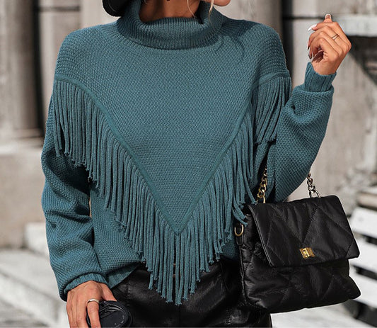 Turtle Neck Tassel Front Long Sleeve Pullover Sweater