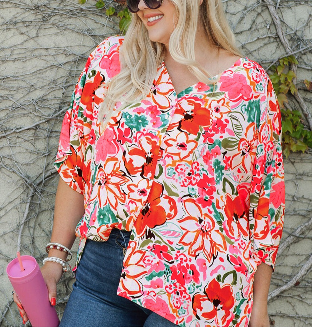 Plus Size Floral V-Neck Half Sleeve Shirt