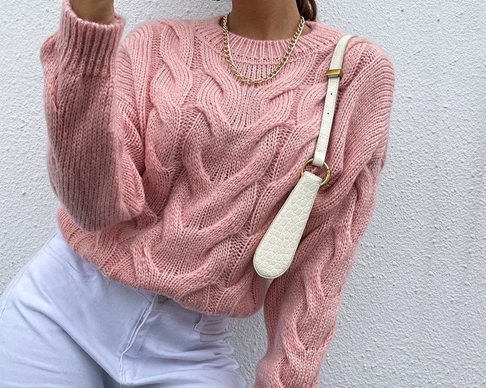 Cable-Knit Round Neck Long Sleeve Sweater