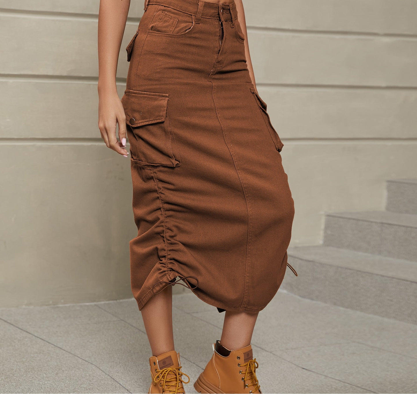 Drawstring Ruched Slit Denim Midi Skirt