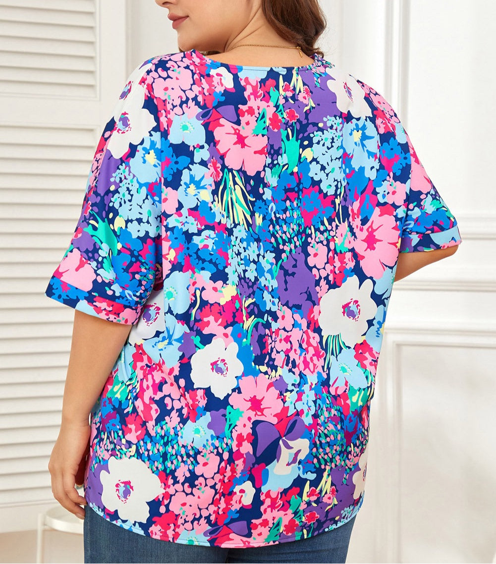 Floral Center Seam V-Neck Blouse