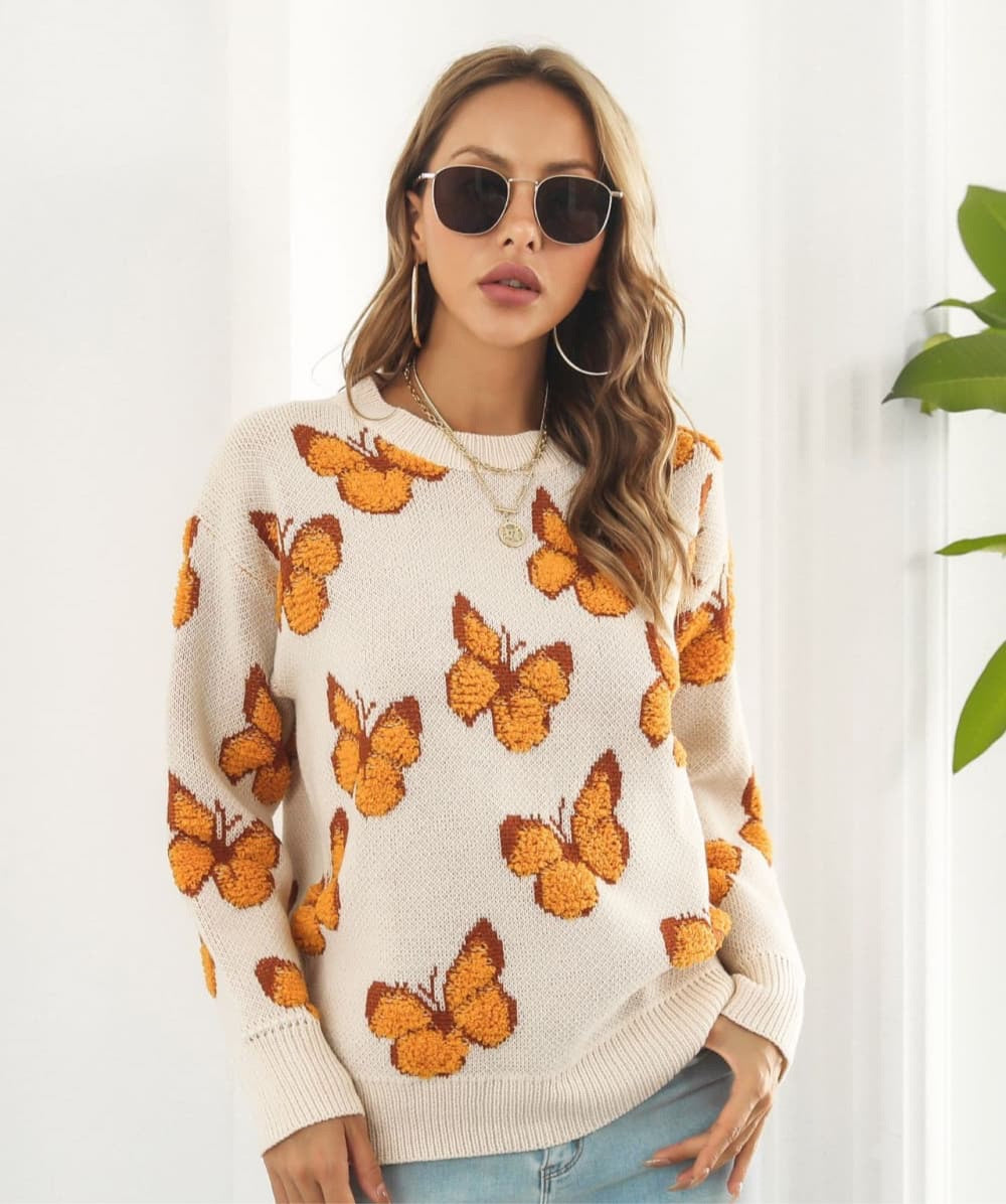 Butterfly Pattern Round Neck Dropped Shoulder Sweater