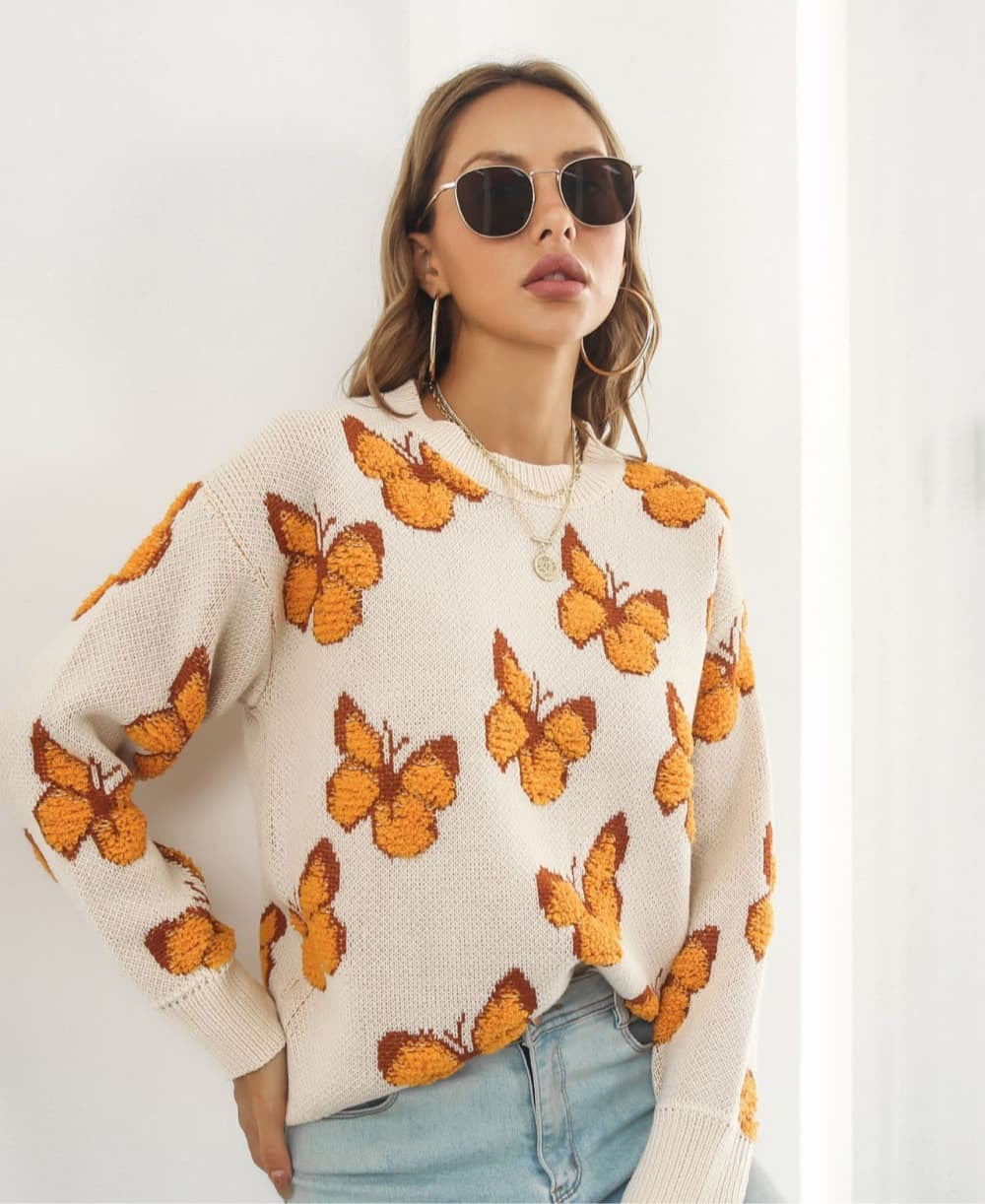 Butterfly Pattern Round Neck Dropped Shoulder Sweater