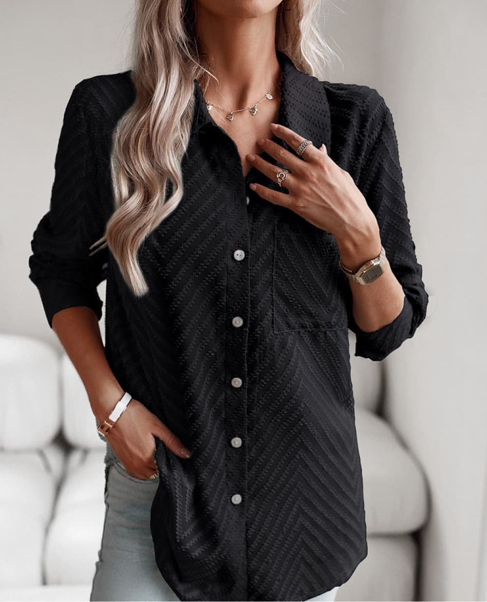 Collared Neck Long Sleeve Pocketed Shirt