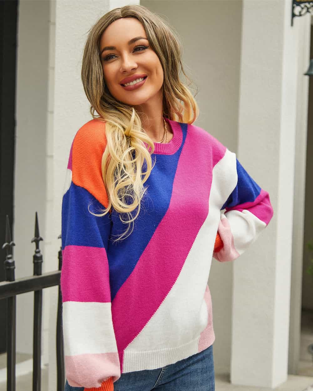 Color Block Round Neck Long Sleeve Sweater