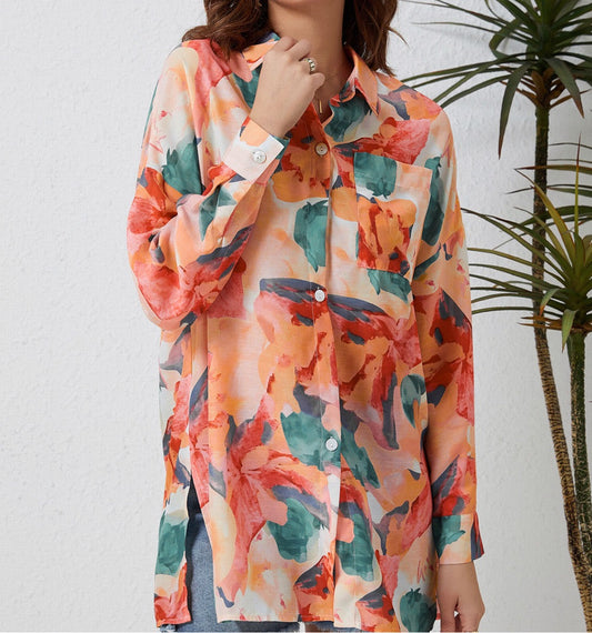 Floral Long Sleeve Slit Longline Shirt