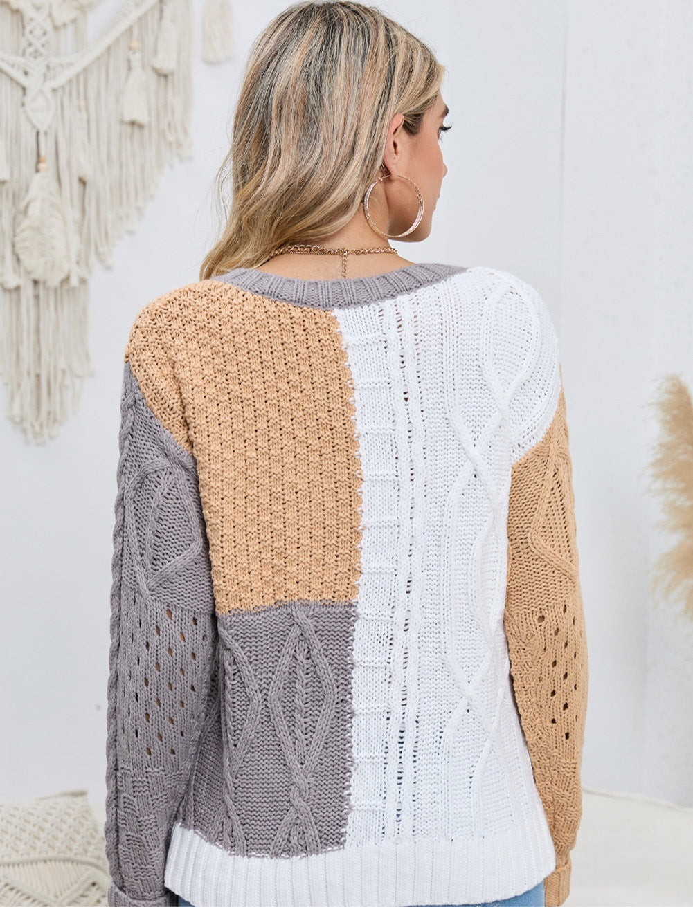 Cable-Knit Openwork Round Neck Color Block Sweater