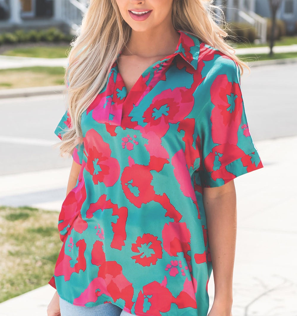 Printed Johnny Collar Short Sleeve Top