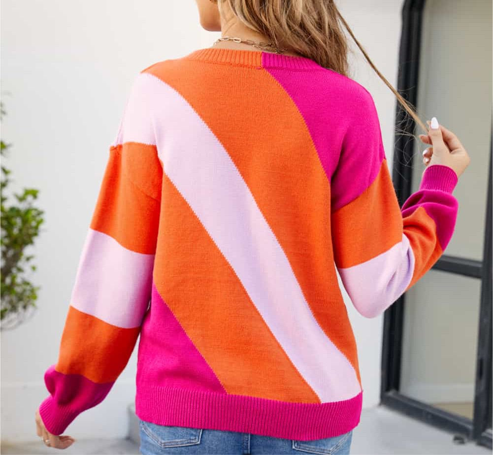 Color Block Ribbed Round Neck Sweater